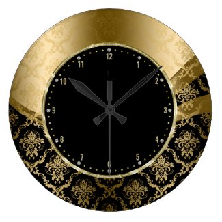 Elegant Black And Gold Floral Damasks Large Clock