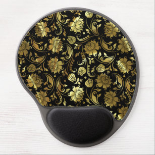 Elegant Black And Gold Floral Damasks Pattern Gel Mouse Pad