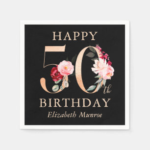 Elegant Black and Gold Floral Happy 50th Birthday Napkins