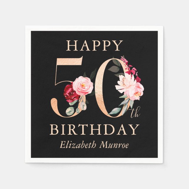 Elegant Black and Gold Floral Happy 50th Birthday Napkins (Front)
