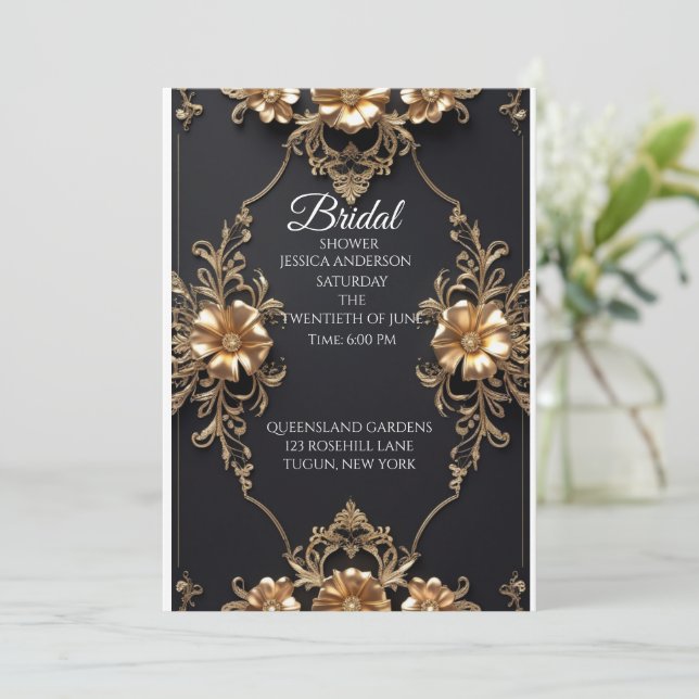 Elegant Black and Gold Floral Luxury Design Invitation (Standing Front)