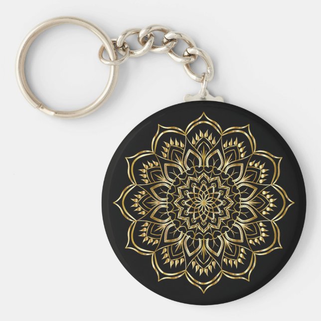 Elegant Black and Gold Floral Mandala Pattern Keychain (Front)