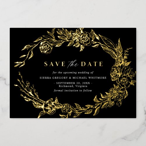 Elegant Black and Gold Floral Modern Save the Date Foil Invitation