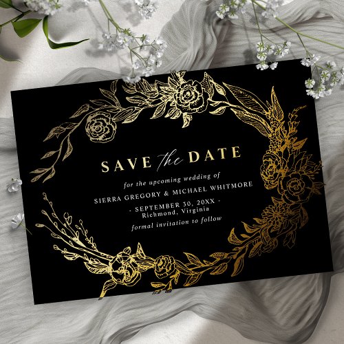 Elegant Black and Gold Floral Modern Save the Date Foil Invitation