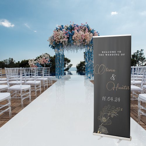 Elegant Black and Gold Floral Modern Wedding  Retractable Banner