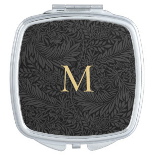 Elegant Black and Gold Floral Monogram Compact Mirror