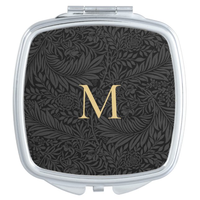 Elegant Black and Gold Floral Monogram Compact Mirror (Front)