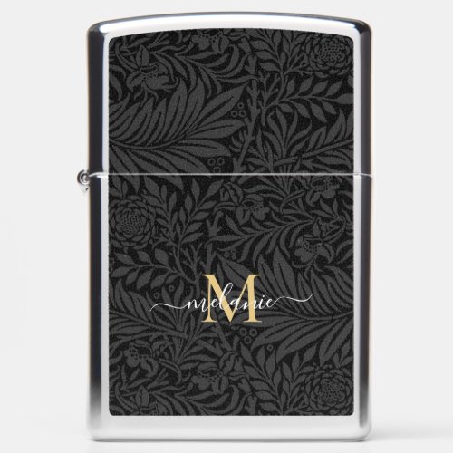 Elegant Black and Gold Floral Monogram Zippo Lighter