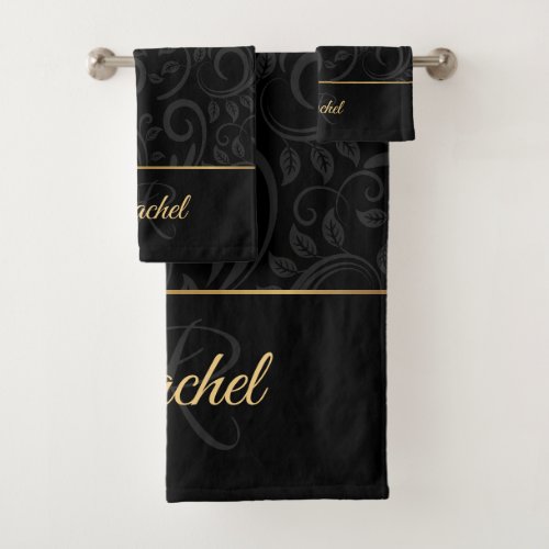 Elegant Black and Gold Floral Name Monogram Bath T Bath Towel Set