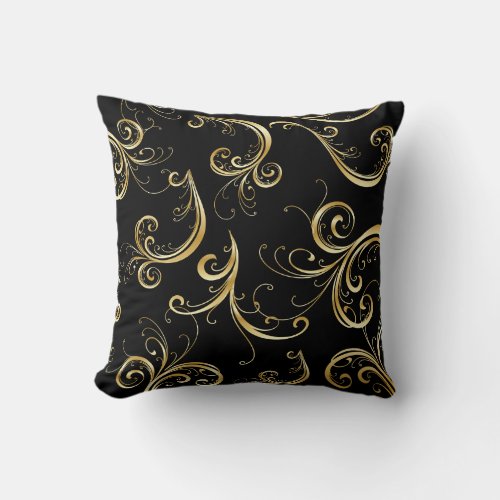 Elegant Black and Gold Floral Pattern Throw Pillow