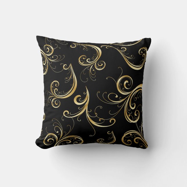 Elegant Black and Gold Floral Pattern Throw Pillow (Front)