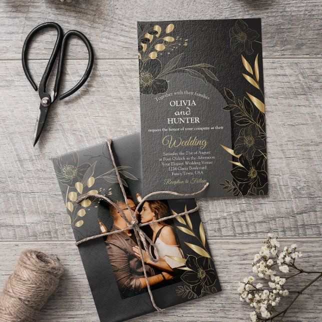 Elegant Black and Gold Floral Photo Wedding  Foil Invitation (Creator Uploaded)