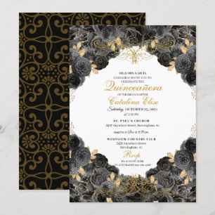 Elegant Black and Gold Floral Quinceanera Birthday Invitation