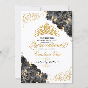Elegant Black and Gold Floral Quinceanera Birthday Invitation