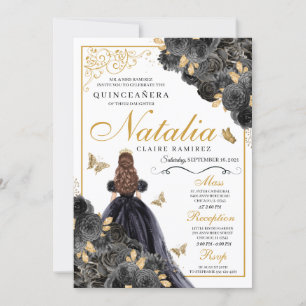 Elegant Black and Gold Floral Quinceanera Birthday Invitation