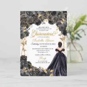 Elegant Black and Gold Floral Quinceanera Invitation