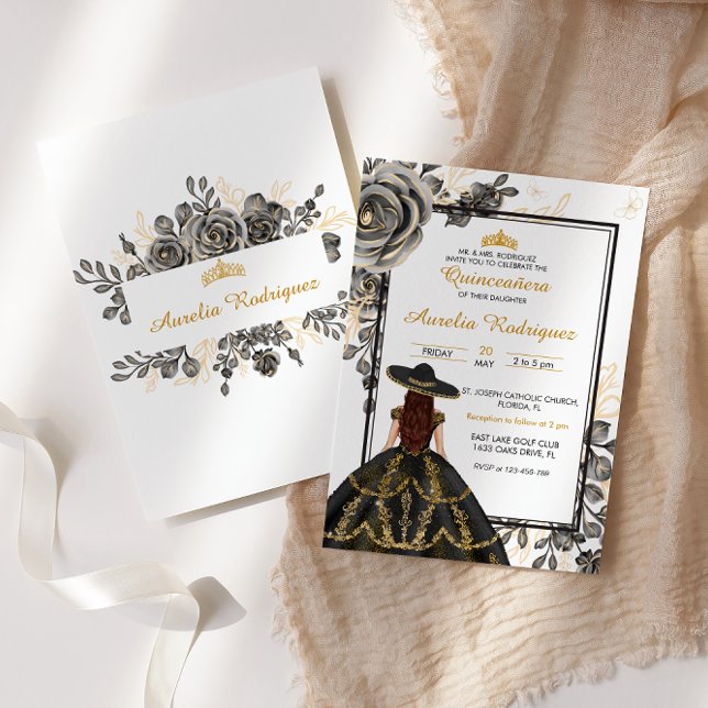 Elegant Black and Gold Floral Quinceanera Invitation (Creator Uploaded)