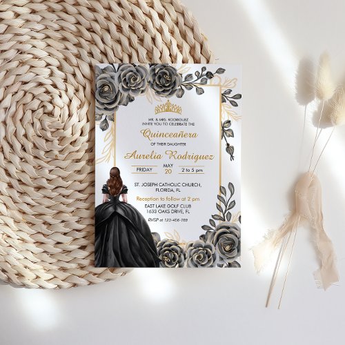 Elegant Black and Gold Floral Quinceanera Invitation