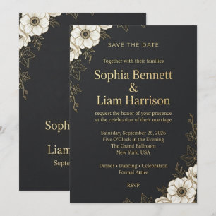 Elegant Black and Gold Floral Save the Date Card