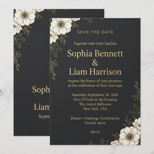 Elegant Black and Gold Floral Save the Date Card