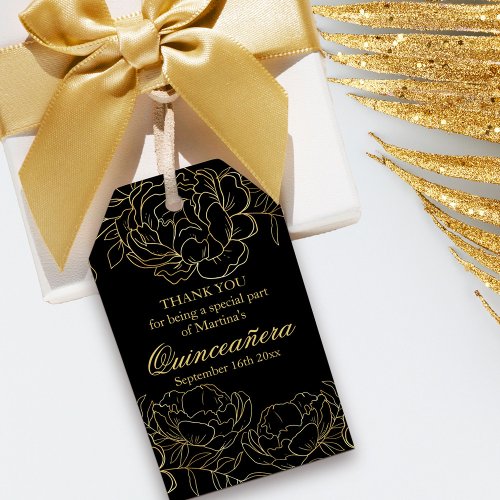 Elegant Black and Gold Floral Sketch Quinceanera Gift Tags