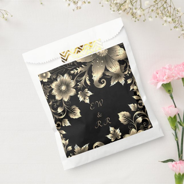 Elegant Black and Gold Floral Wedding  Favor Bag (Sealed)