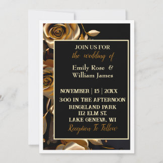 Elegant Black and Gold Floral Wedding Invitation -
