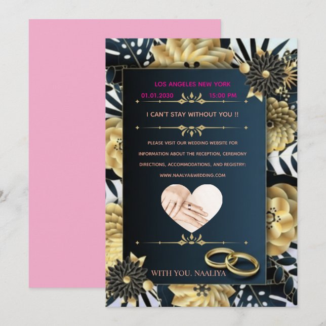 Elegant Black and Gold Floral Wedding Invitation (Front/Back)
