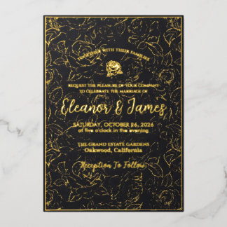Elegant Black and Gold Floral Wedding Invitation Foil Invitation