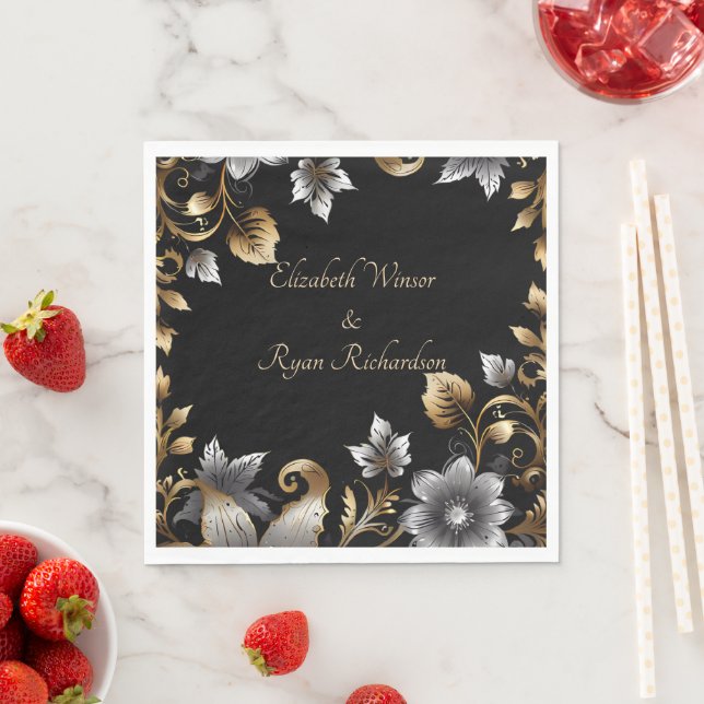 Elegant Black and Gold Floral Wedding Invitation  Napkins (Insitu)