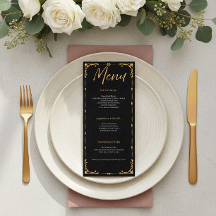 Elegant Black and Gold Floral Wedding Menu Card