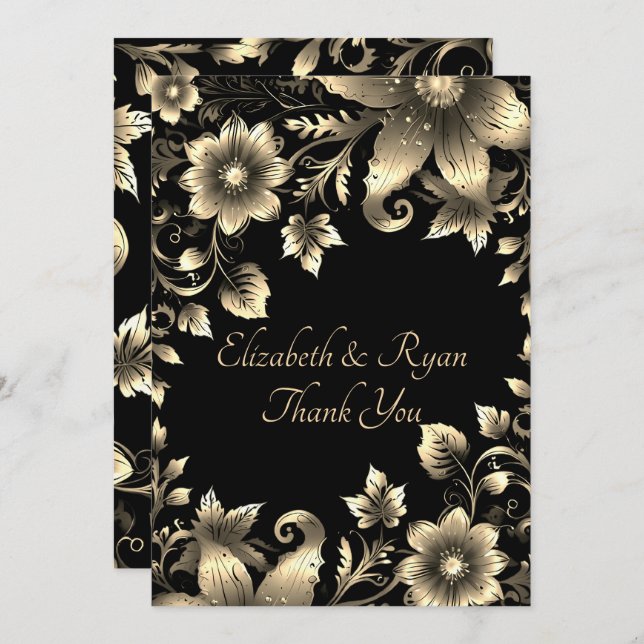 Elegant Black and Gold Floral Wedding  Thank You Card (Front/Back)