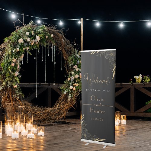 Elegant Black and Gold Floral Welcome Wedding  Retractable Banner