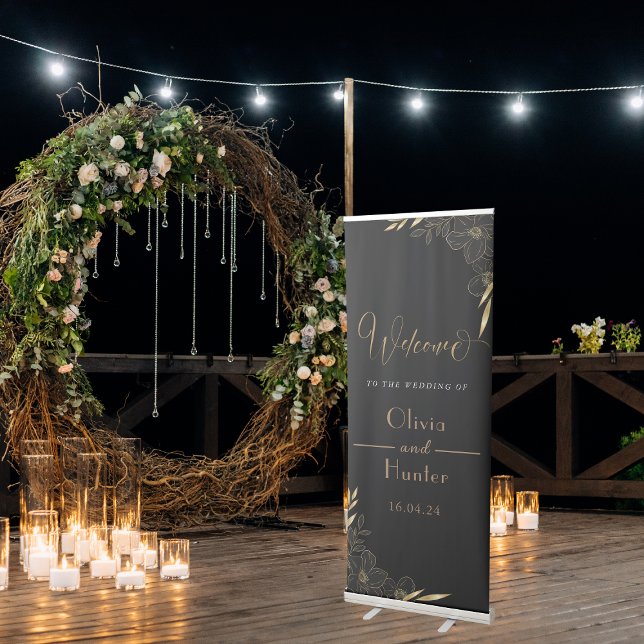 Elegant Black and Gold Floral Welcome Wedding  Retractable Banner (Elegant Black and Gold Floral Welcome Wedding Retractable Banner)