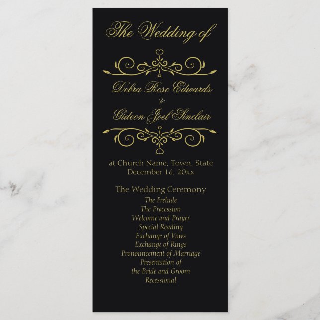 Elegant Black and Gold Flourish Wedding Program (Front)