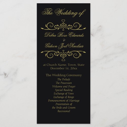 Elegant Black and Gold Flourish Wedding Program