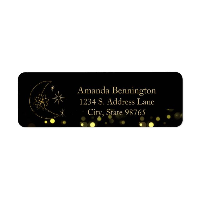 Elegant Black and Gold Flowery Moon and Stars Label (Front)