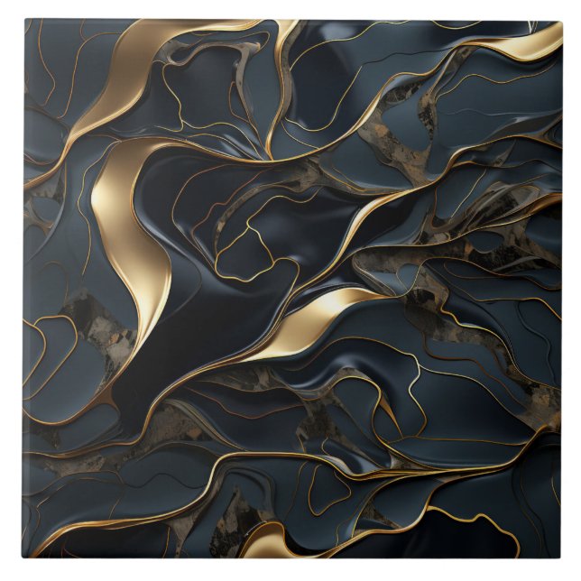 Elegant Black and Gold Fluid Abstract Ceramic Tile (Front)