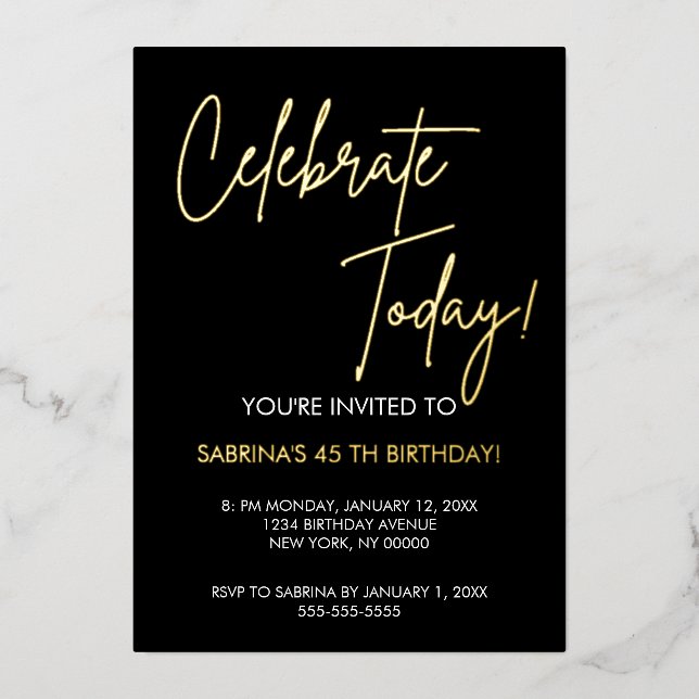  Elegant Black and Gold Foil Birthday Invitation Foil Invitation (Front)