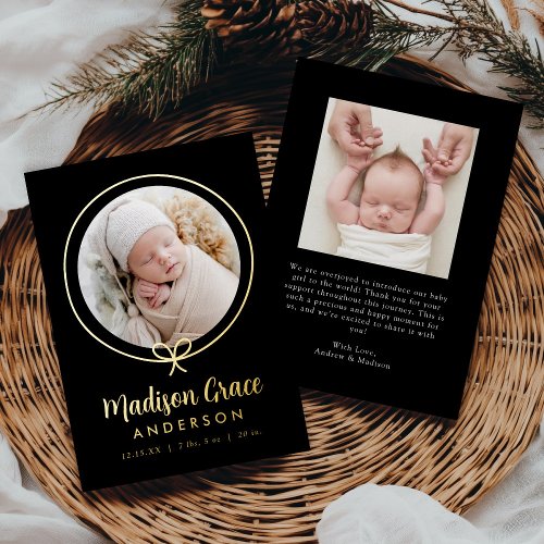 Elegant Black and Gold Foil Bow Birth Announcement