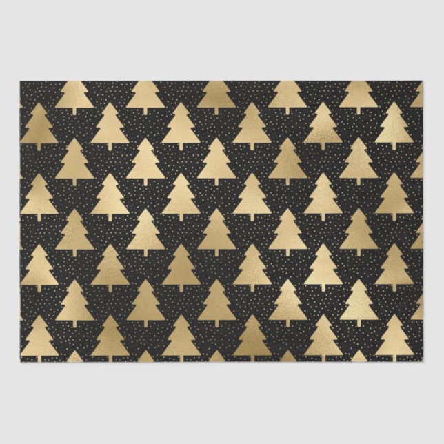 Elegant Black and Gold Foil Christmas Tree Pattern Tissue Paper (Front)