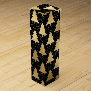 Elegant Black and Gold Foil Christmas Tree Pattern Wine Box