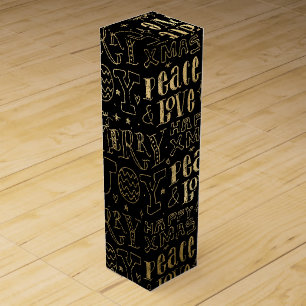 Elegant Black and Gold Foil Christmas Word Art Wine Box