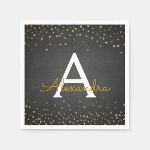 Elegant Black and Gold Foil Confetti Monogram Napkins
