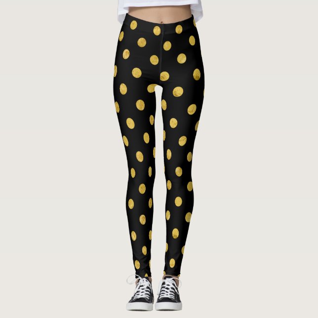 Elegant Black And Gold Foil Polka Dot Pattern Leggings (Front)