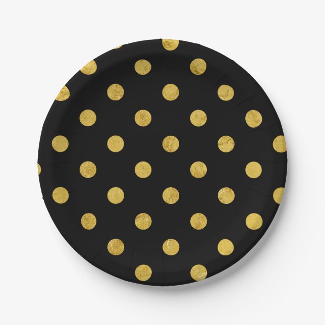 Elegant Black And Gold Foil Polka Dot Pattern Paper Plates (Front)