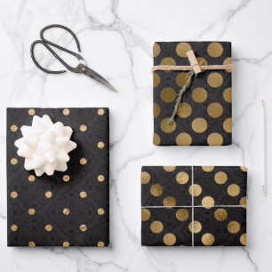 Elegant Black and Gold Foil Polka Dots Patterns Wrapping Paper Sheets