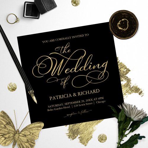 Elegant Black And Gold Foil Script Wedding Invitation