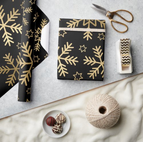 Elegant Black and Gold Foil Snowflakes Christmas Wrapping Paper