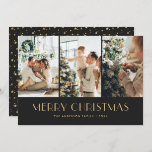Elegant Black and Gold Foil Stars Photo Christmas Holiday Card